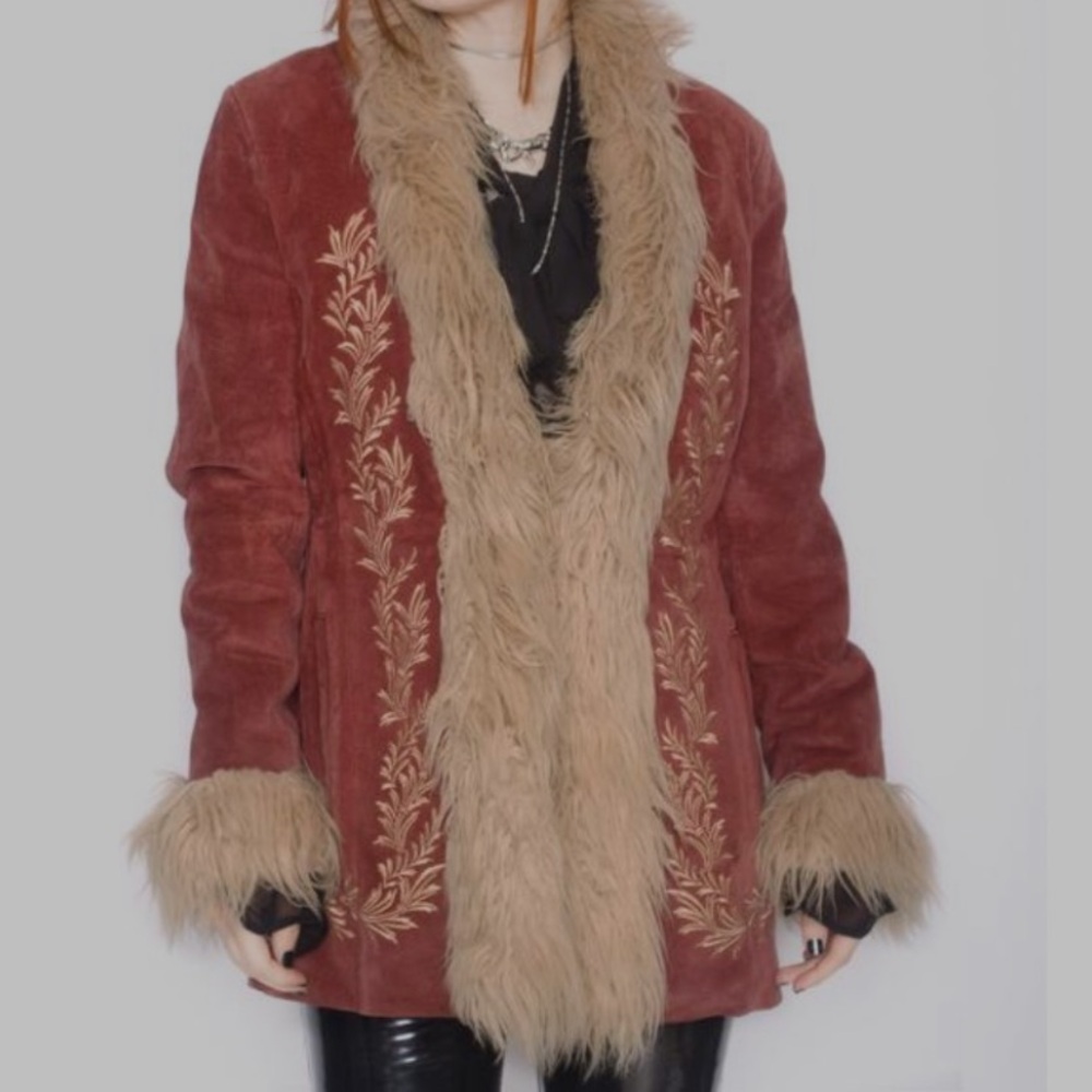 70s Vintage Genuine Suede Rust Fur Embroidered
Boho Penny Lane Hippie Coat